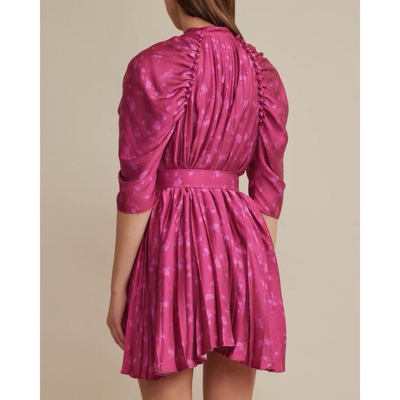 Acler Pink Pleated Mini Dress Ruched Sleeves Belted Satin Floral US 2 - Picture 4 of 10